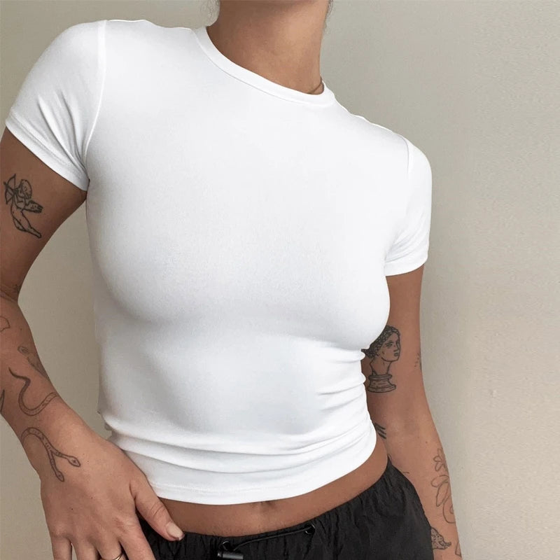 YEAE Women's Y2K Slim Fit Knitted Tee – Sporty O-Neck Short Sleeve Top