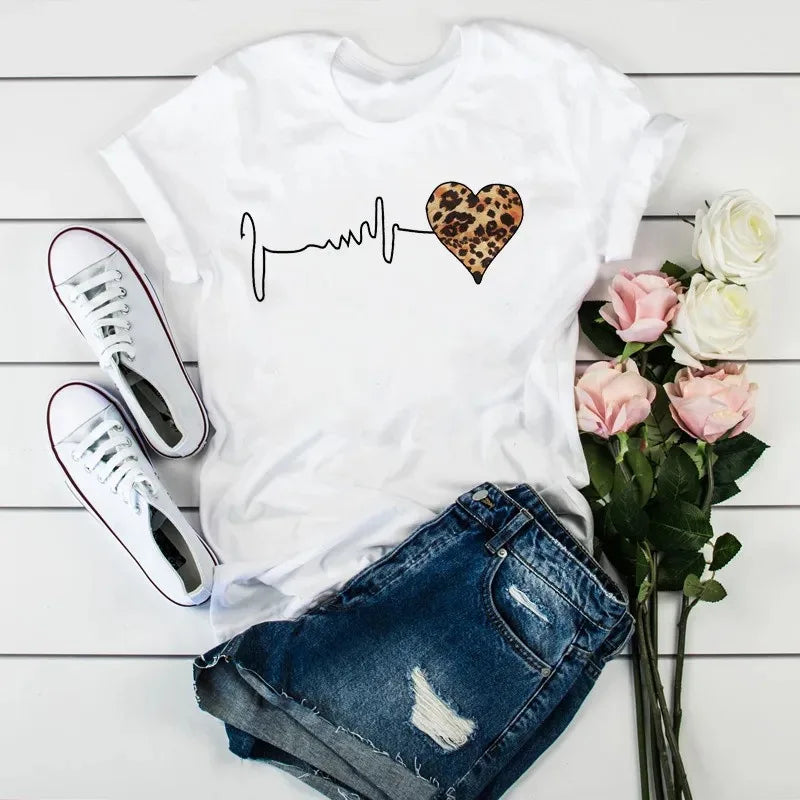 Leopard Heart Print Women's T-Shirt — Short Sleeve Summer Tee