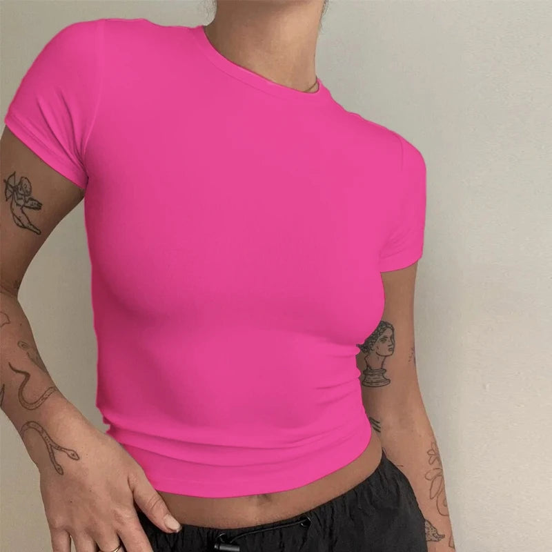 YEAE Women's Y2K Slim Fit Knitted Tee – Sporty O-Neck Short Sleeve Top