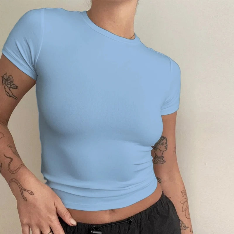 YEAE Women's Y2K Slim Fit Knitted Tee – Sporty O-Neck Short Sleeve Top