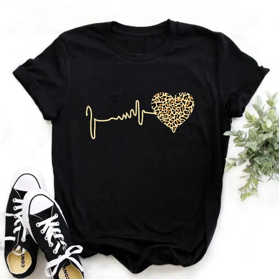 Leopard Heart Print Women's T-Shirt — Short Sleeve Summer Tee