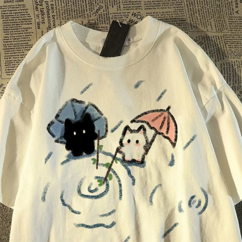 Kawaii Cat Graphic Tee — Loose Fit Women's Short Sleeve Summer Top